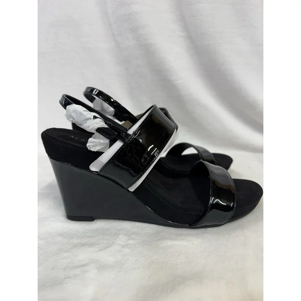 Aerosoles Petra Women's Wedge Sandals Black Patent Faux Leather Size 9.5
